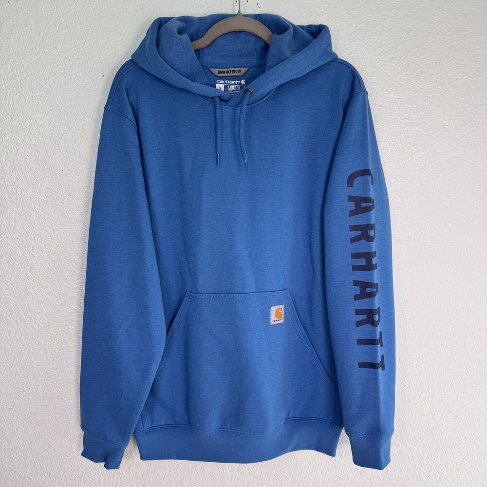 Carhartt Hoodie Men Small Rain Defender Loose Fit Pullover Logo Graphic Blue NEW - Picture 2 of 12